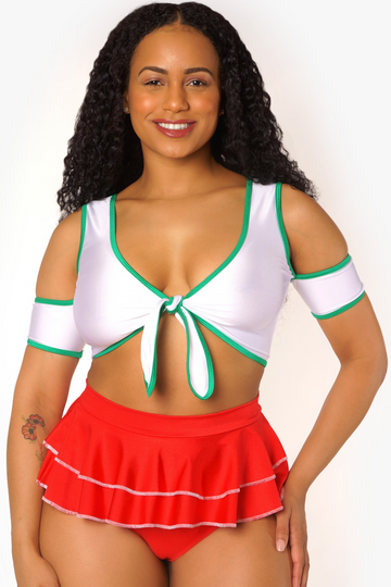 Blusa blanca con hombros descubiertos y lazos en los hombros con detalles verdes